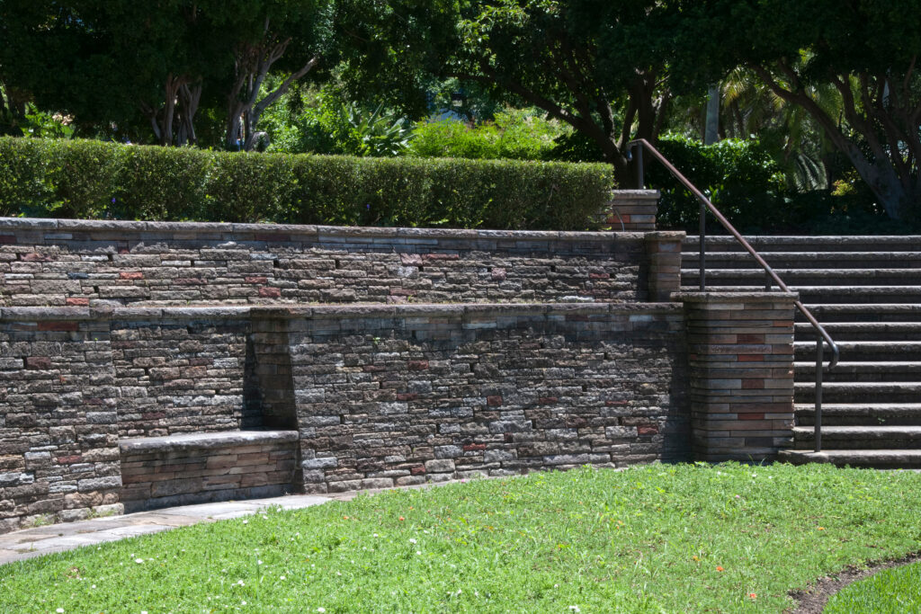 Sydney Australia, dry stone wall in garden with staircase