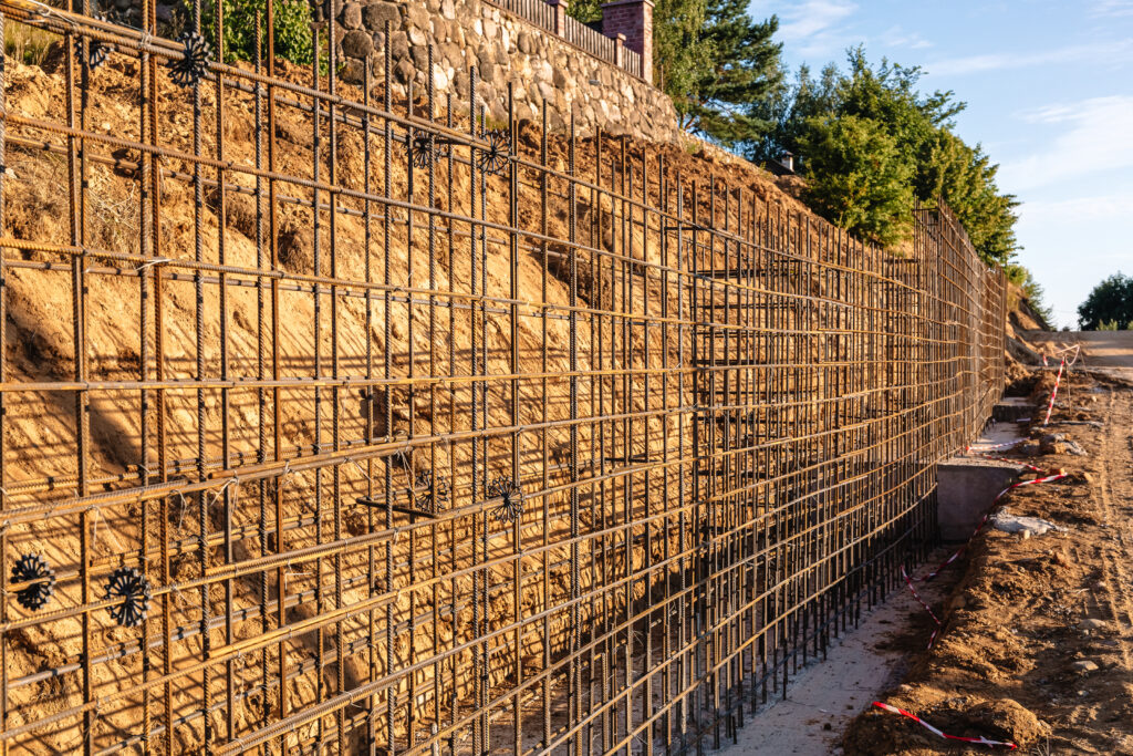 The construction of a retaining wall or counterfort, formwork, reinforced, preparation to pour concrete, construction site. Improvement of the territory. Preventive measures against landslide.