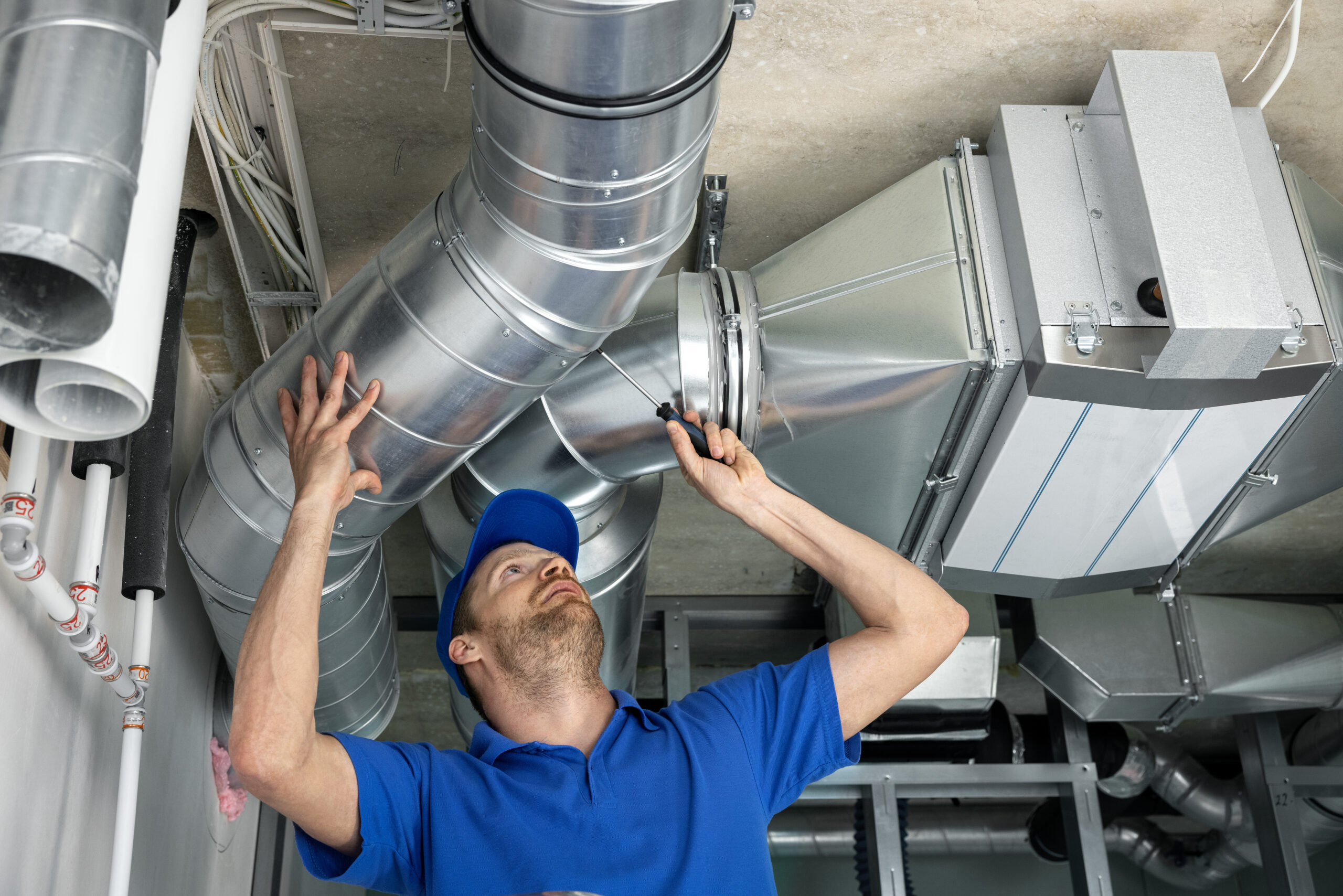 hvac services - worker install ducted pipe system for ventilatio