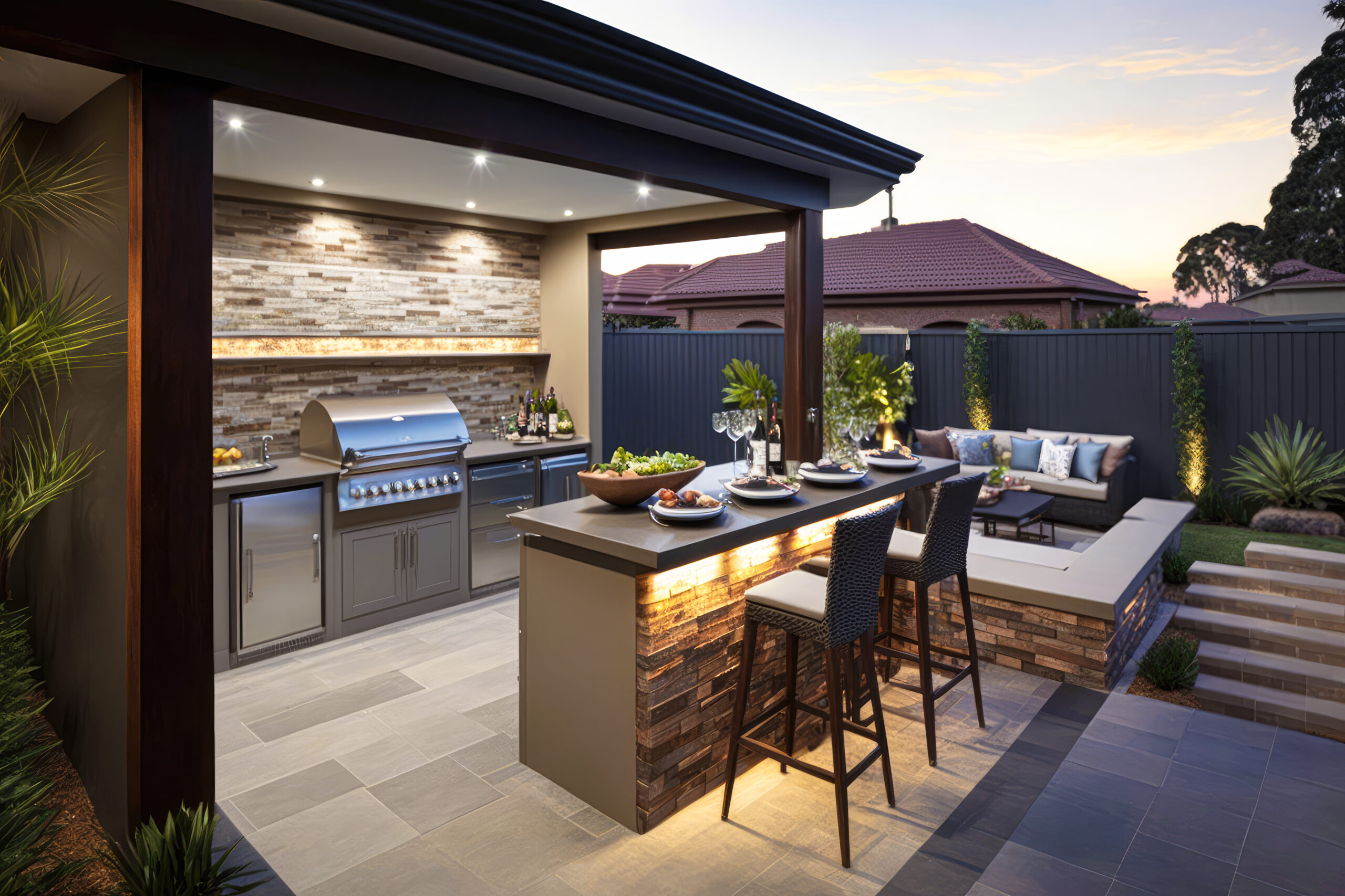 An outdoor entertainment area with a built-in barbecue and a bar